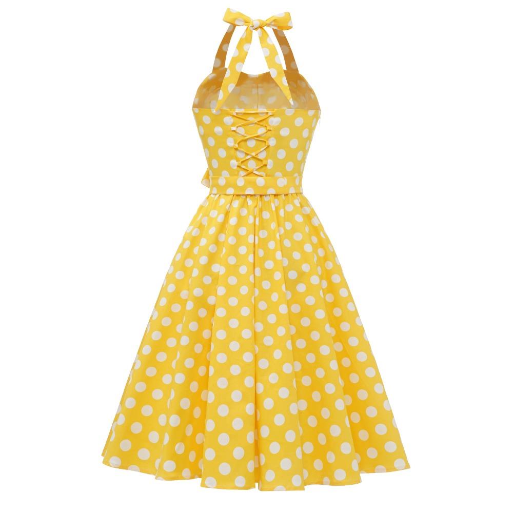 Retro polka-dot lace-up halter-neck flared ball gown performance dress, bohemian style