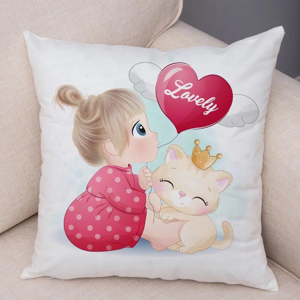 Children's Room Sofa Home Pillowcase Cute Cartoon Girl and Cat  Decoration  Animal Cushion Cover
