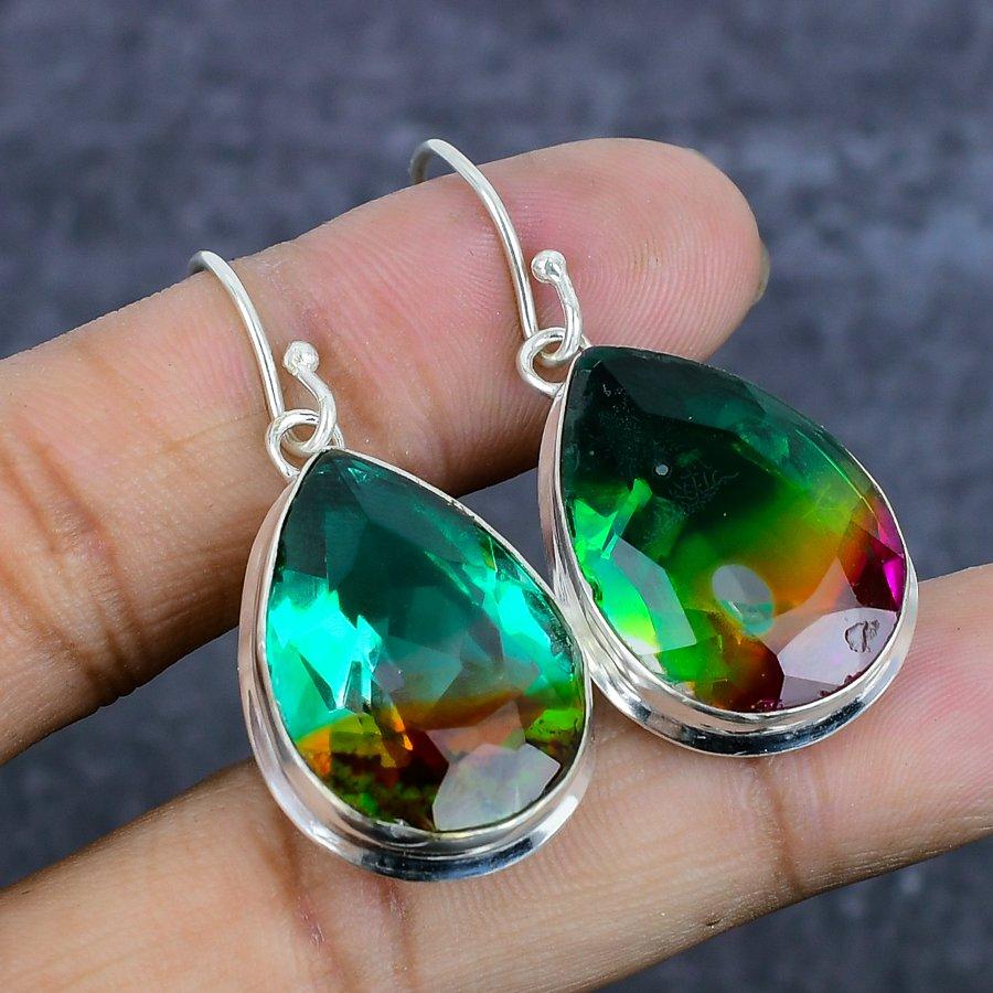 Bi-Color Tourmaline Gemstone 925 Sterling Silver Jewelry Earring 1.77"