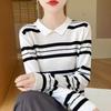 24 Spring and Autumn New Doll Collar Striped Knitted Sweater Women's Long Sleeves Loose and Skinny Bottom Sweater with Lapel Top