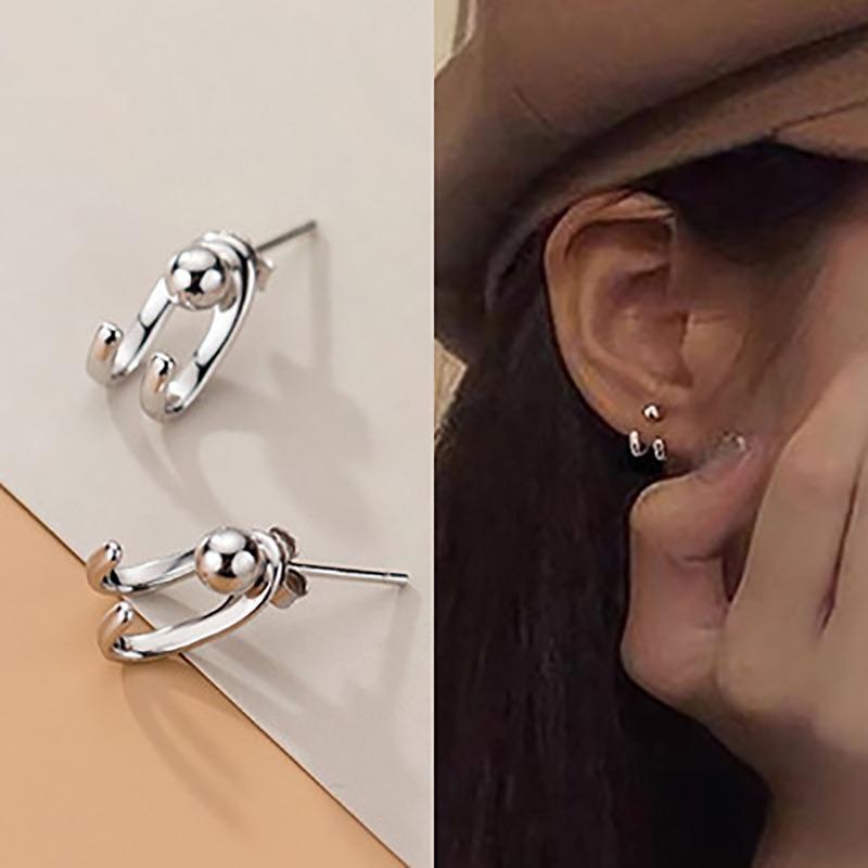 Double Hook Beads Stud Earrings for Women Personality Female Student Fasion Jewellery