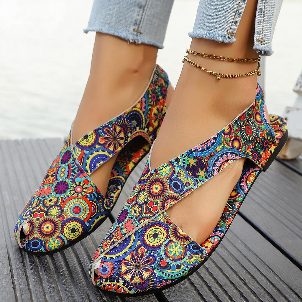 Женские сандалии Новые летние в богемном стиле Обувь больших размеров для женщин Модные этнические принты Римский стиль Плоские сандалии Zapatos De Mujer