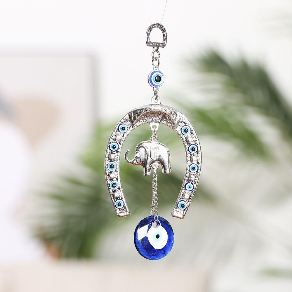 Blessing Ornament Car Pendant Hanging Ornament Evil Eye Horseshoe with Elephant Navy Blue