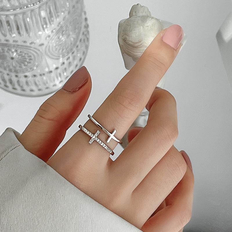 Double-Layer Cross Zircon Ring For Women Gold Silver Adjustable Finger Rings Bling Korean Elegant Jewelry Gift