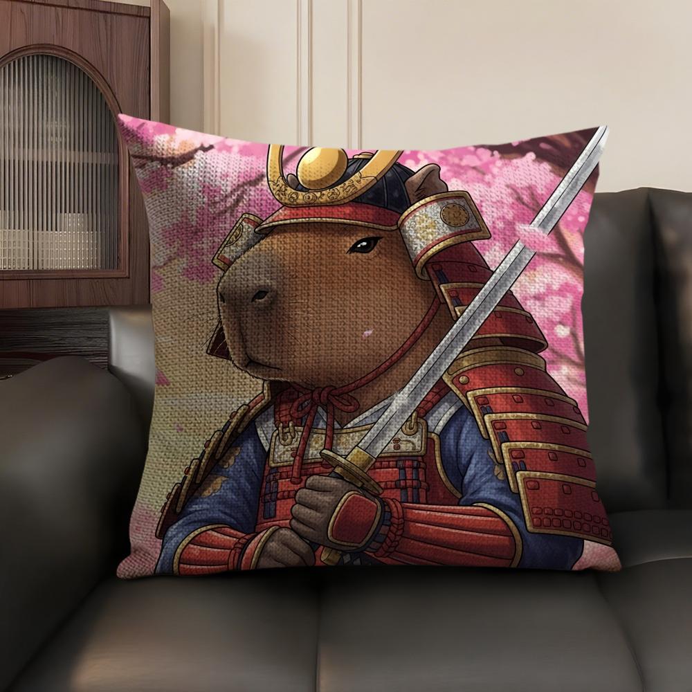 Samurai knight Capibara Cushion Cover Natural Linen Organic Fabric DoubleSided Printing Sofa Home Decor Gift Pillow Case