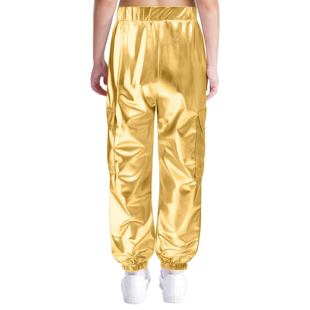 Unisex Kids Metallic Shiny Pants Elastic Waistband Design Hip Hop Jazz Dance Trousers
