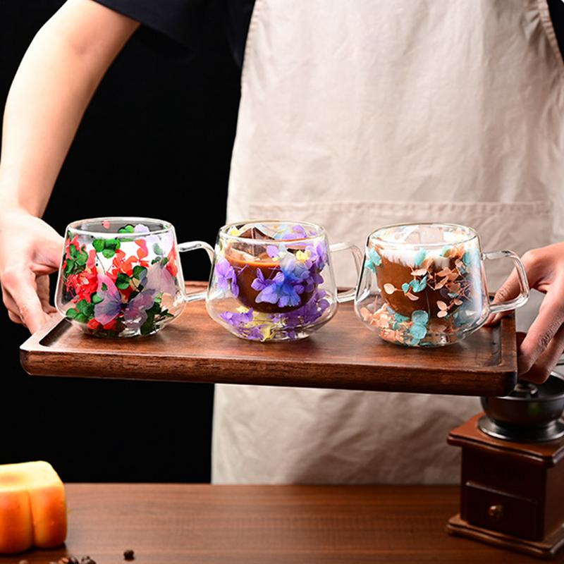 200ml Double Wall Glass Cup Clear Dried Flowers Glass Tea Cup Double Wall Glass Dried Flowers Tea Cup Heat Resistant Tea Cups