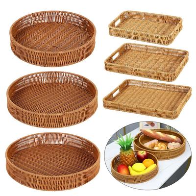 1 шт. Корзина из ротанга ручной работы для завтрака, хлеба, продуктов, круглой, прямоугольной формы, имитация плетеного ротанга, поднос для хранения