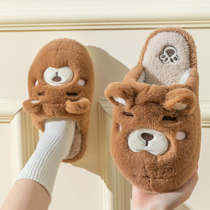 Unisex Cartoon Plush Slippers Women Men Autumn Winter Warm Thick Flannel Home Cotton Shoes Couple Cute Bear Slippers Indoor Boot