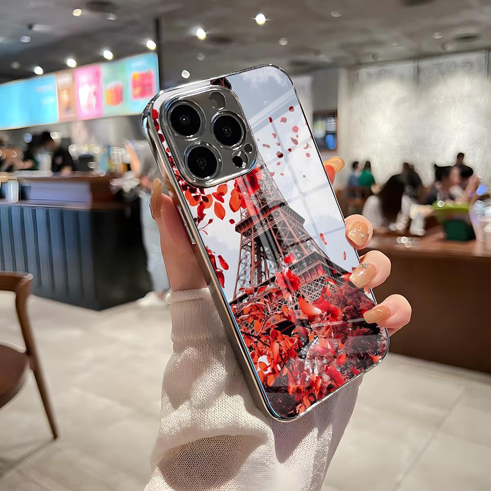 Чехол для телефона Эйфелева башня для iPhone 17 Pro Max 15 Pro 16 14 Plus 12 13 Mini 11 Pro Ударопрочный Электрооplated Стеклянная крышка