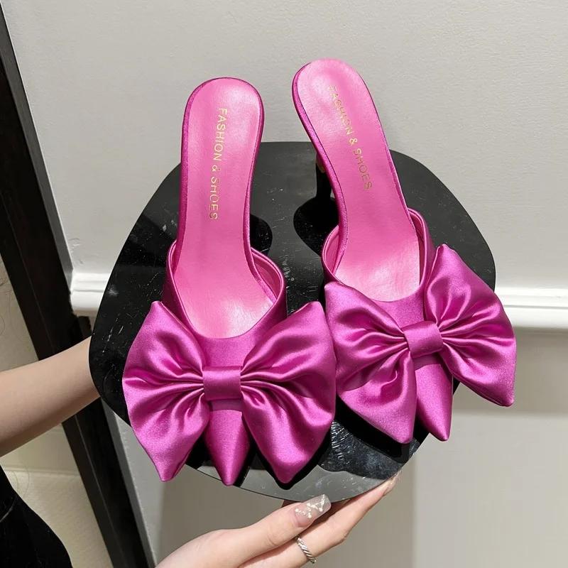 Мода 2025 Лето Туфли-бантики Женские Модные Остроносые Женские Тапочки Шпилька Высокий Каблук Женские Темпераментные Одинарные Туфли Женские