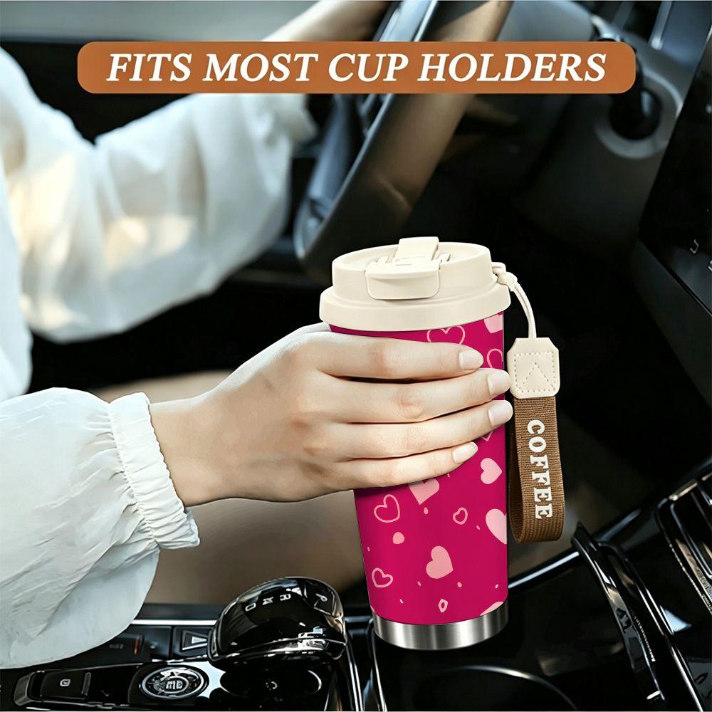Cute Pink Heart Print Travel Insulated Coffee Tumbler Double Walled Stainless Steel Vacuum Cup Leakproof Reusable Mug for Women Office Gift