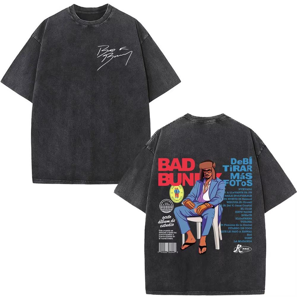 Rapper Bad Bunny T-shirt Debi Tirar Mas Fotos DTMF Album 2026 Washed Vintage T Shirt Men's Women Hip Hop Oversized Male T-shirts