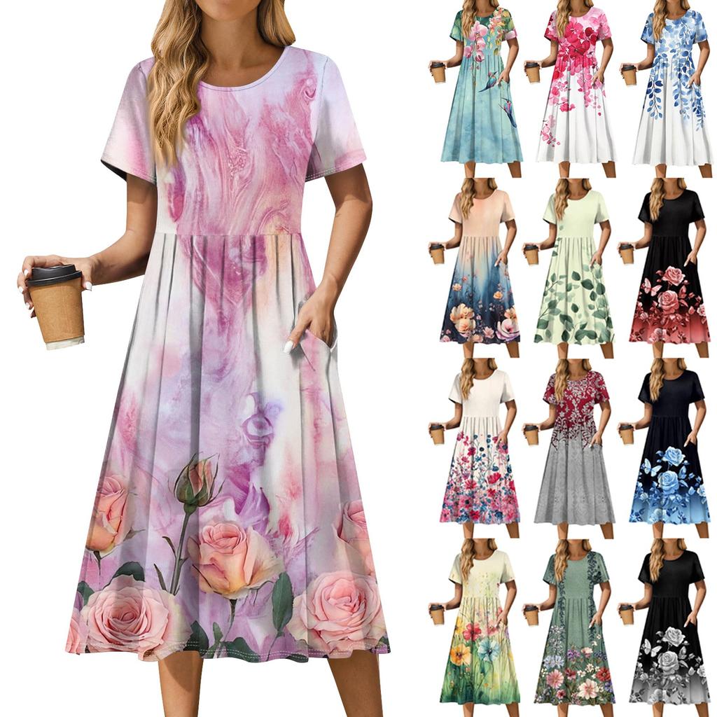 Women's Casual Cute Pattern Print Round Neck Midi Dress Basic Classic Outdoor Everyday Short Sleeve Loose Dress
