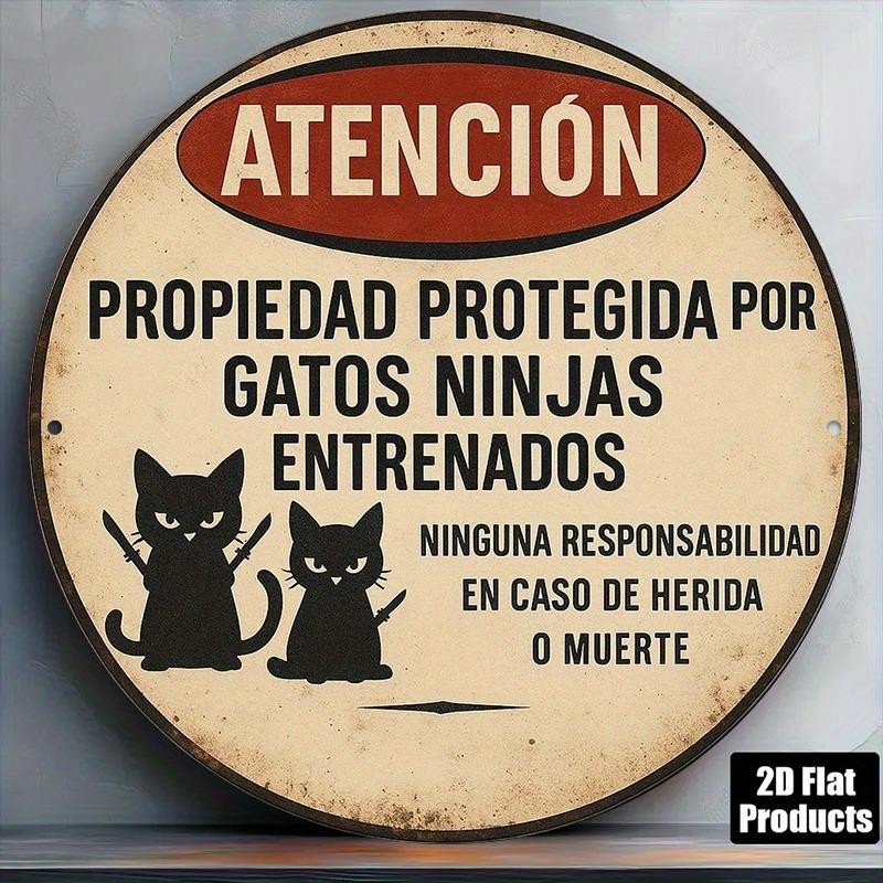 Vintage Spanish Funny Ninja Cats Warning Round Metal Sign Retro Rustic Tin Plate Wall Decor for Home Yard Decoration