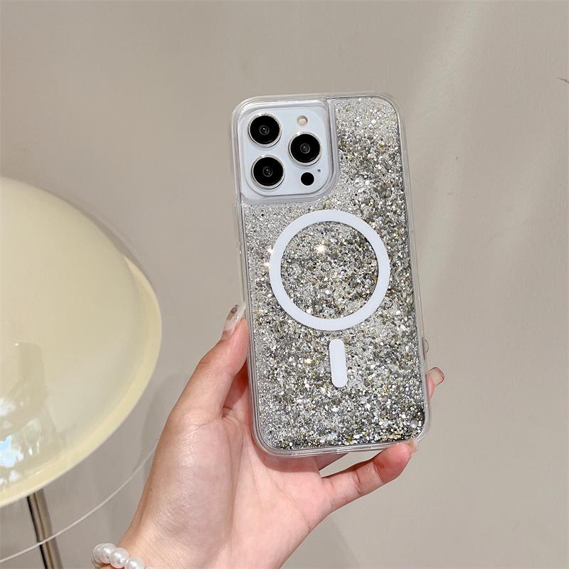 Quicksand Magnetic Magnets Case for iPhone 14 13 Pro Max 16 15 Glitter Powder Flakes Phone Cover Hard Conque Liquid Shell