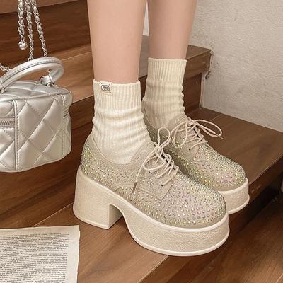 Мода 2024 Брендовая женская обувь на шнуровке Женские туфли на высоком каблуке Модные повседневные туфли-лодочки с кристаллами Женские новые туфли на платформе с круглым носком Zapatos