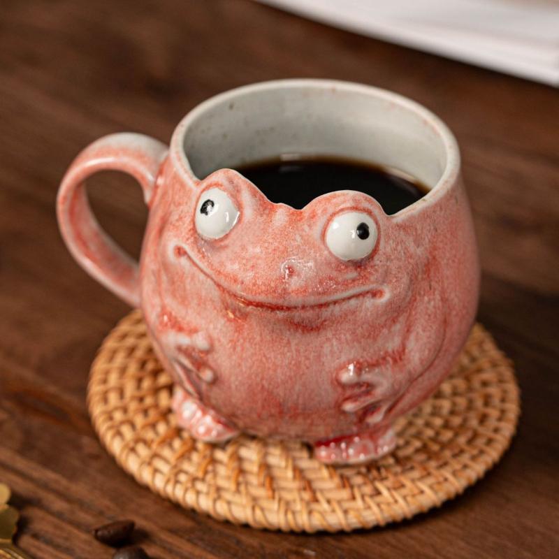 Frog Design Ceramic Mug with Spoon Cute Coffee Cup Gift Set for Office Home Use Vintage Style Drinkware Decor
