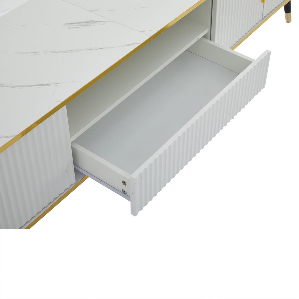 TV Schrank, 4 Fächern 1 Schublade Offenes Fach, Moderner Lowboard 90 Zoll TVs, TV Board Sideboard Möbel Wohnzimmer Esszimmer, 200x40x46cm, Weiß