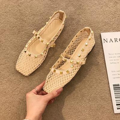 Модные французские сандалии с вырезами в стиле «нюдовый абрикос» для женщин, летние с заклепками, в стиле «фея», богемные для отпуска, туфли-лодочки Мэри Джейн