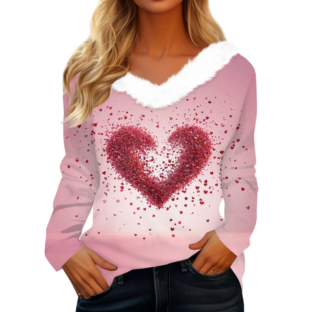 Women's Valentine's Day Printed Long-Sleeved Shirt, V-Neck, Casual Loose-Fitting T-Shirt Top
