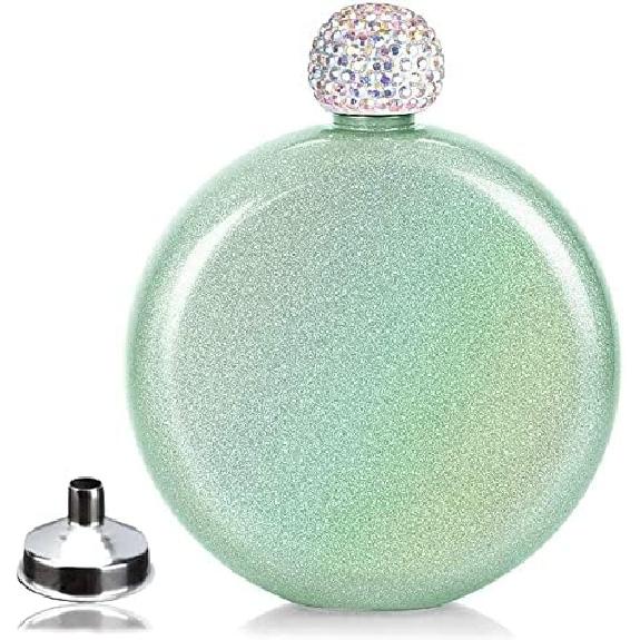 Cute Liquor Flask for Women, Junya 304 Stainless Steel,Pretty Glitter Coating Whiskey Flasks,Shining Rhinestone Cap,Portable Wine Flask for Drink Bar