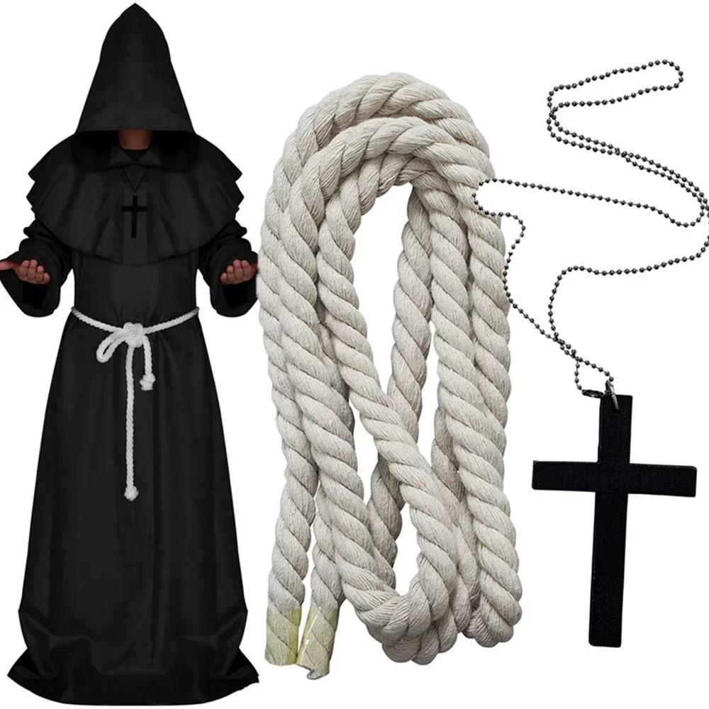 Medieval Monk Hood Cloak Sorcerer Priest Costumes Halloween Robe Wizard Knight Cape Adult Teens Outfit Party Props Set
