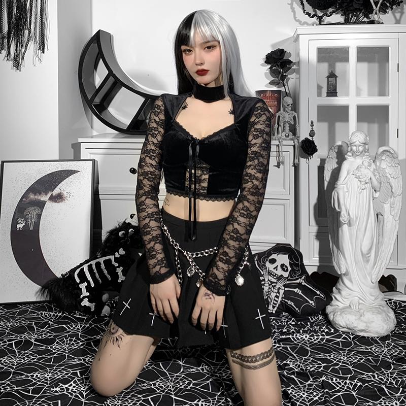 Готическая винтажная бархатная футболка с длинными рукавами и шнуровкой, укороченные топы