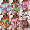 Summer Slash Neck Short Sleeve Dot Tie Dye Blouse Women's Ruffles Floral Print Crop Tops