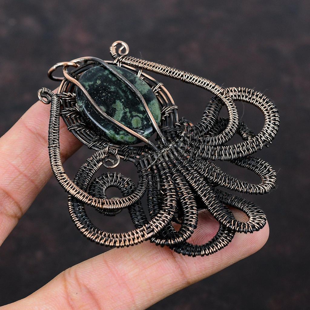 Подвеска из камбабского яшма, обернутая медной проволокой, ювелирное изделие, подвеска с дизайном осьминога, подвеска из драгоценного камня ручной работы, подвеска, обернутая медной проволокой, подарок для мамы