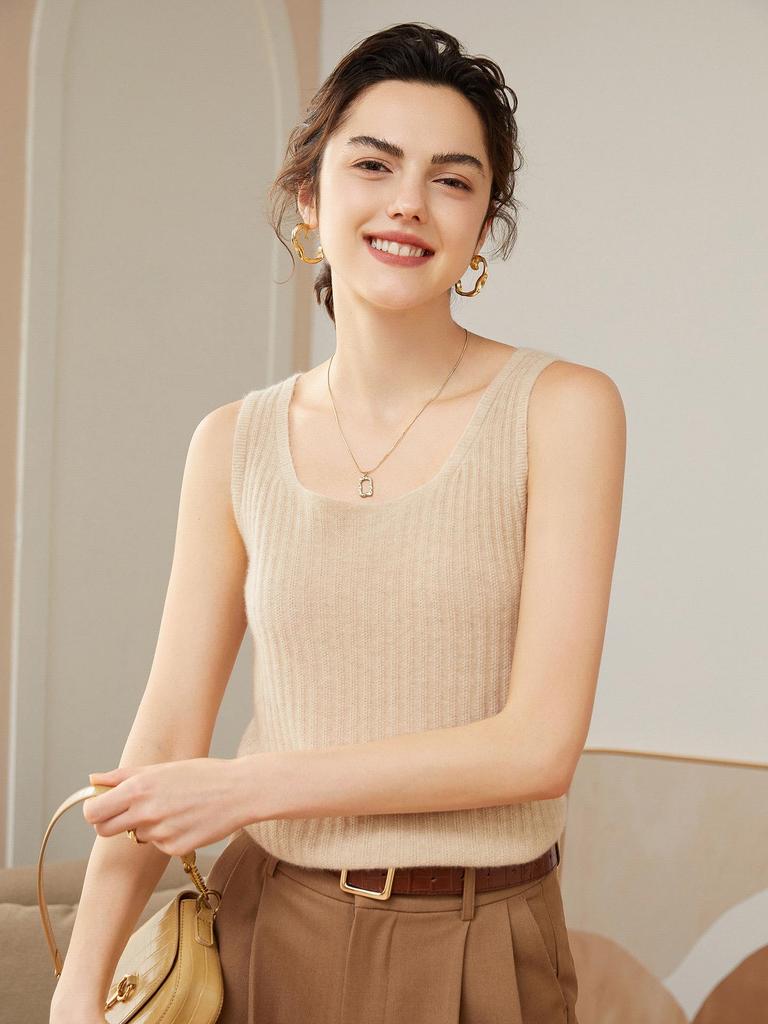 Women's Pure Cashmere Knit U-Neck Camisole Vest - Short, Sleeveless Base Layer for Spring & Autumn.