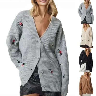 Женские кардиганы с цветочной вышивкой, легкие трикотажные кардиганы с V-образным вырезом и пуговицами спереди