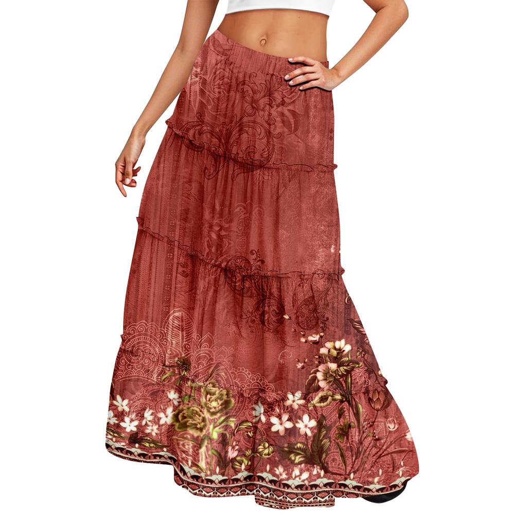 Women's Printed Elastic Waist Loose Hem Long Skirt