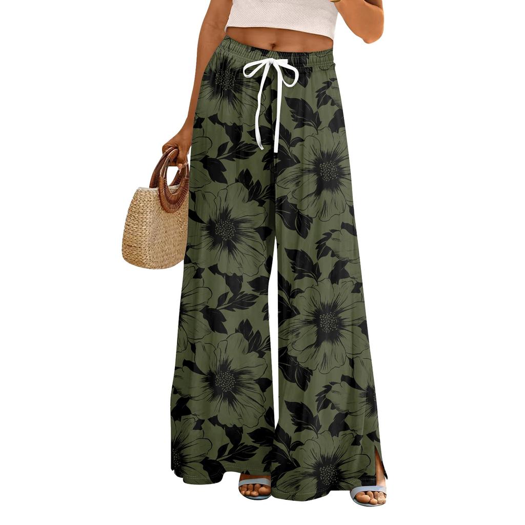 Women's Loose Casual Floral Print Wide Leg Pants With Elastic Waist Drawstring And Pocket Pants