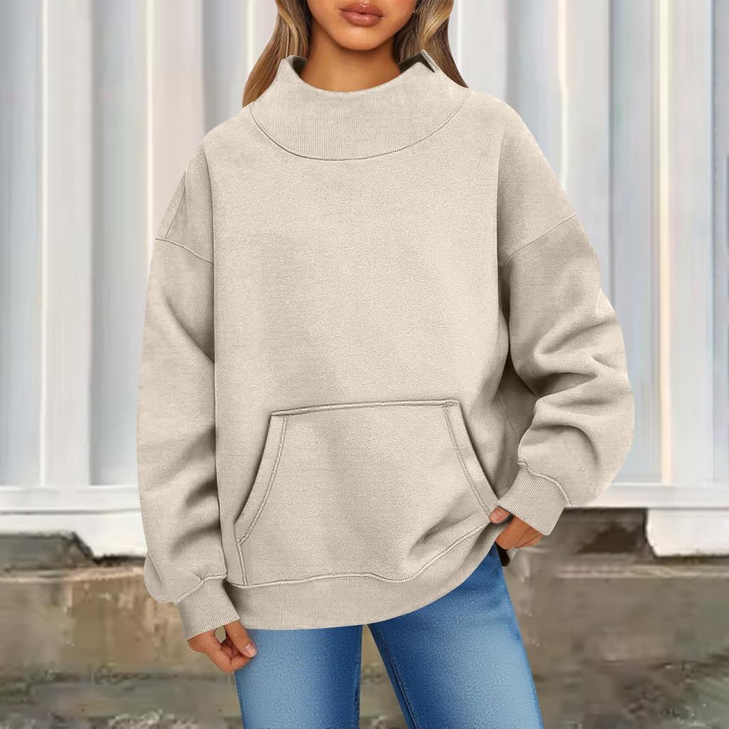 Женский модный повседневный однотонный пуловер с круглым вырезом, длинными рукавами и карманом, спортивный повседневный топ