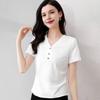 Women T-shirt V-Neck Buttons Decor Short Sleeve T-Shirt Slim Fit Soft Elastic Pullover Tops Commuting Style Tops