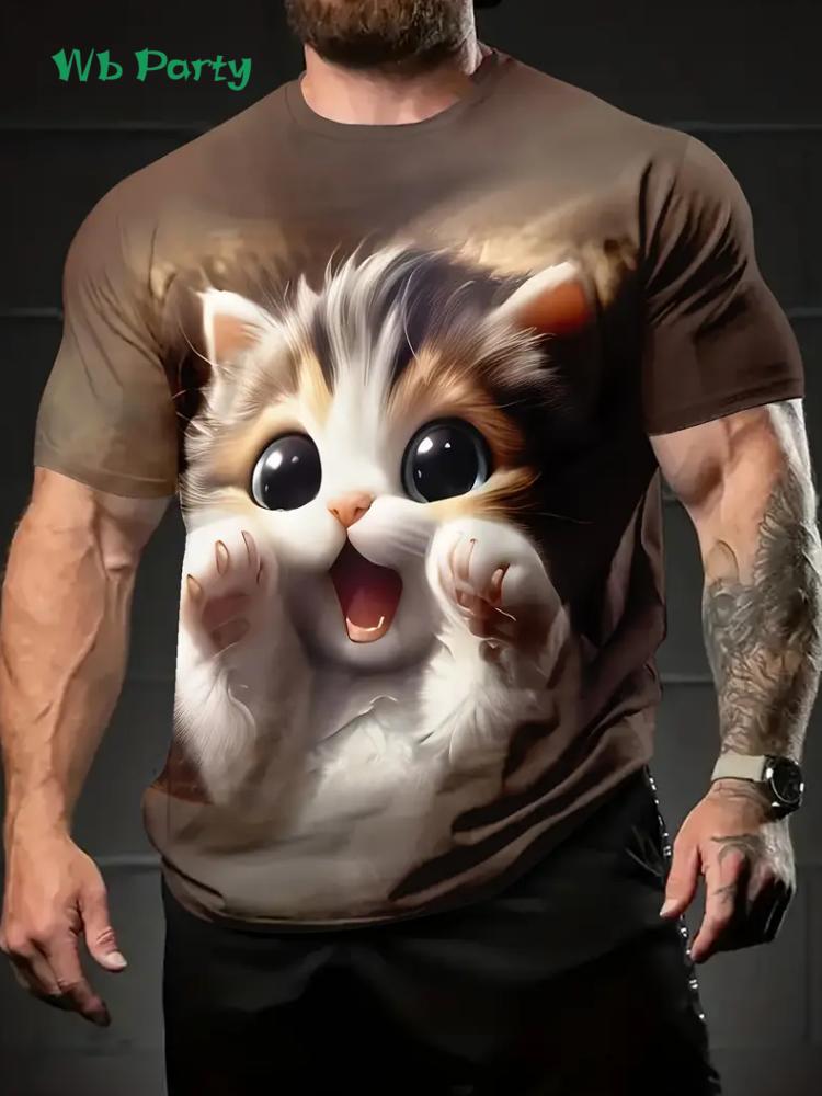 Новая футболка с 3D-принтом кота, летняя, для улицы, мужская, с коротким рукавом, модная, с круглым вырезом, мужские топы, повседневная, оверсайз, мужская одежда