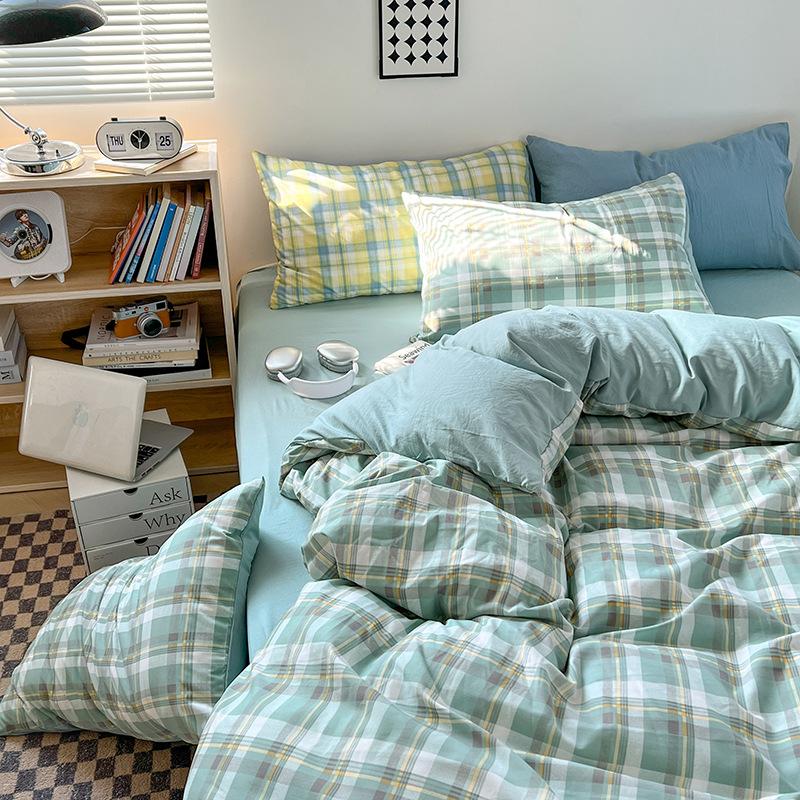 Стираный, приятный для кожи комплект постельного белья простыня наволочка пододеяльник решетка