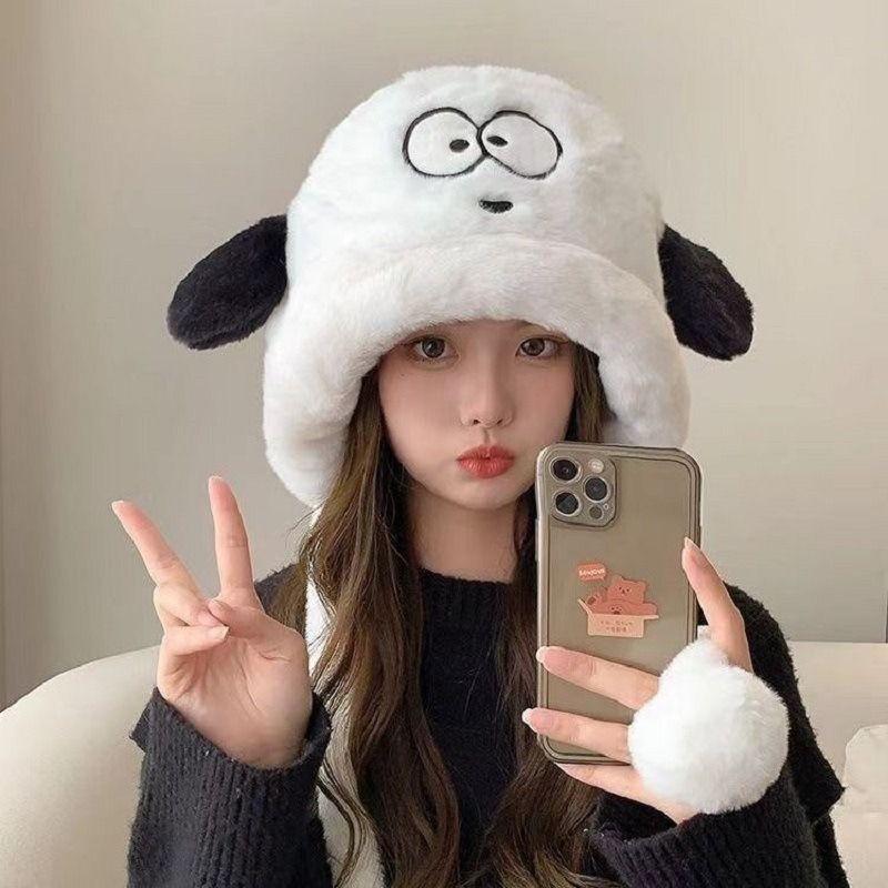 Cute cartoon big-eyed puppy hat female winter student windproof and warm versatile ear protection cold plush hat