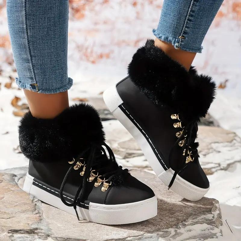 Рождественская мода утолщенные теплые меховые красные сапоги, однотонные теплые кроссовки на плоской подошве со шнуровкой