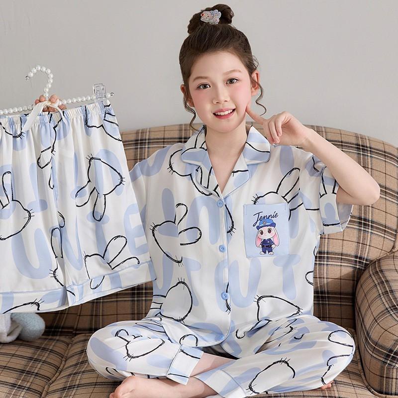 Girls Ice Silk Pajama Set 3-Piece Short Sleeve Cartoon Print Sleepwear Ages 8