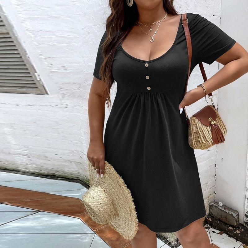 Summer Women's Short Sleeve High Waist Dress Lady Elegant Temperament Fashion Casual Party Dress Plus Size Slim Black A-line Skirt