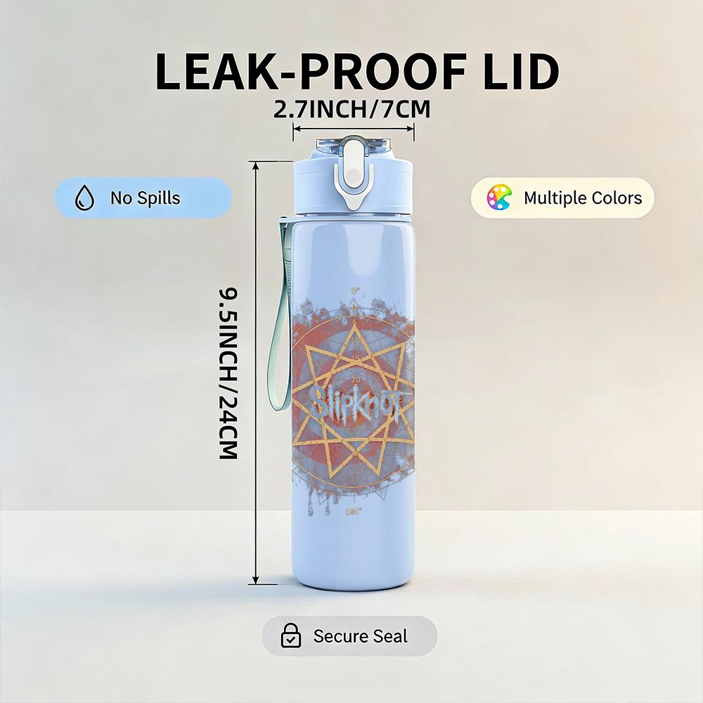1PC Red circular vintage band emblem print 750ml colorful plastic sports water bottle leakproof pop up lid with straw for outdoor work home use