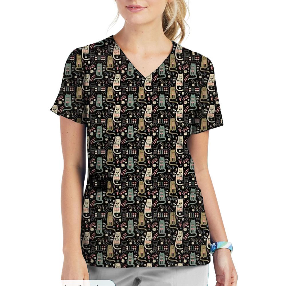 Animal Printed Pet Clinic Vet Work Uniforms Women Nurse Accessories Hospital Doctor Nursing T-Shirt Medical Scrubs Clothes Tops