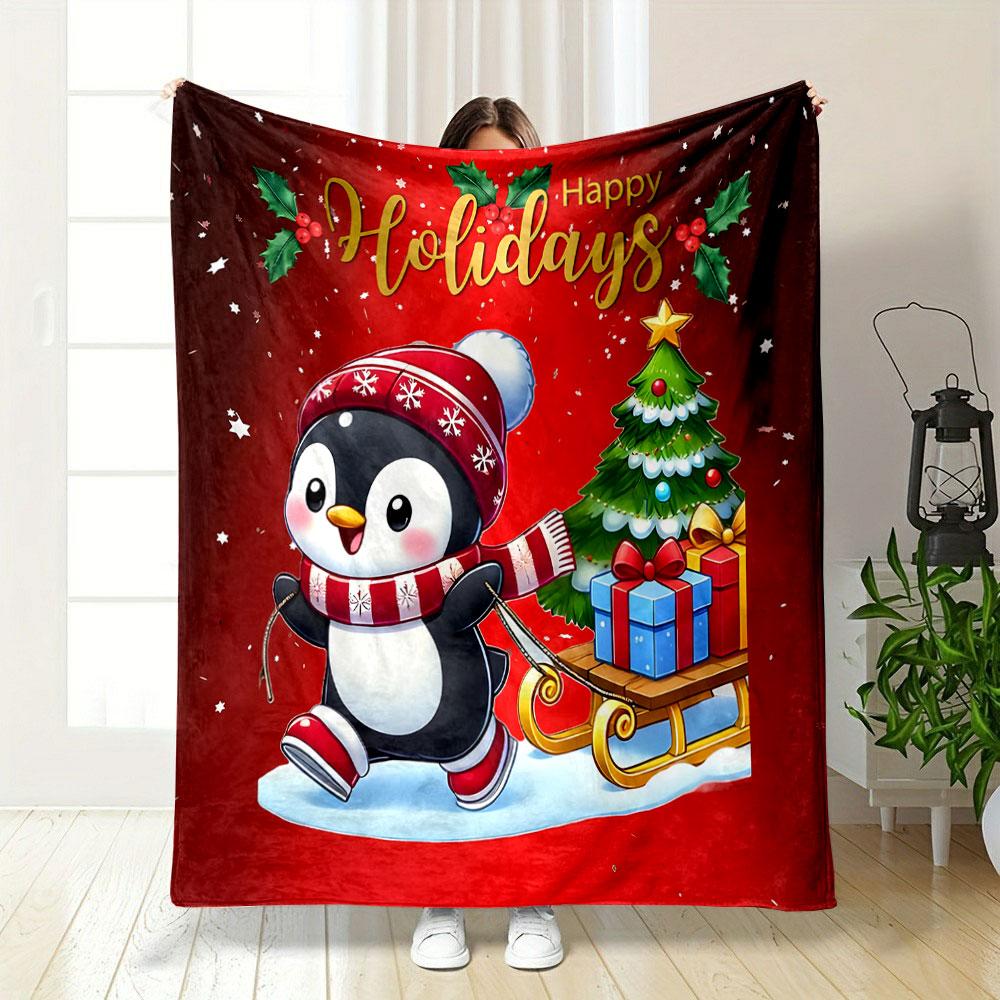 Cute Penguin with Gifts and Holiday Tree print blanket soft and cozy perfect for the living room bed sofa or a nap,gift