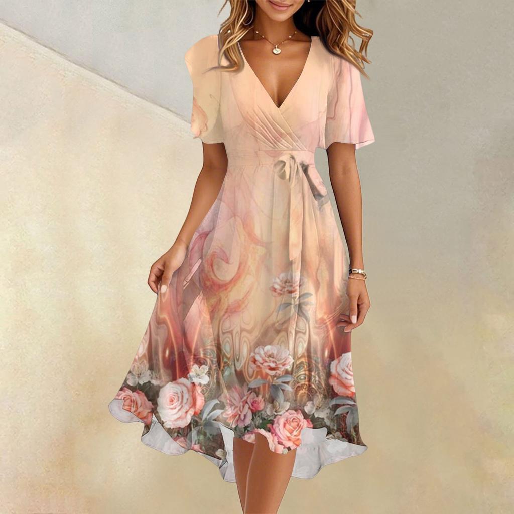 Women's Summer Fashion V-Neck Flared Dress Short Sleeve Floral Dresses