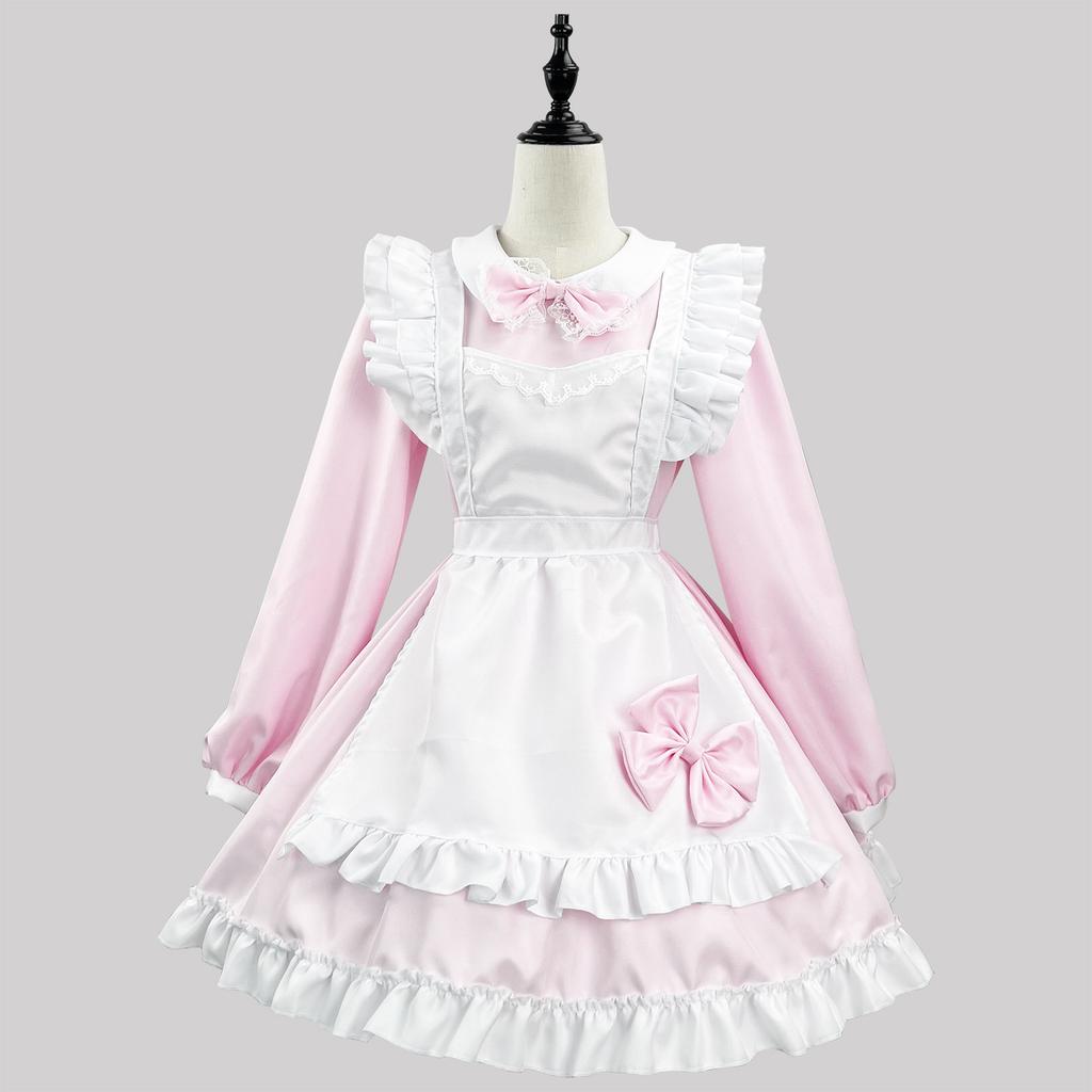 Japanese Maid Cosplay Cute Lolita Party Dress Black White Long Sleeve Classic Apron Maid Role Play Waitress Cross Dressing