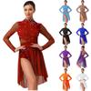 Womens Lyrical Dance Dress Long Sleeve Ruched Backless Design Glittery Rhinestones One Piece Leotard