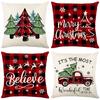 Christmas Red and Black Plaid Pillowcase Linen Print Christmas Tree Letter Cushion Cover Cushion Cover Christmas Atmosphere
