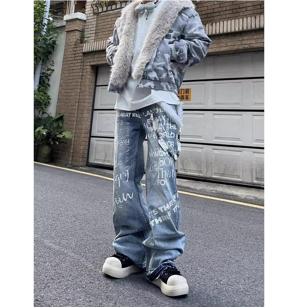 High Street Граффити Буквы Пол Брюки Ретро Состаренные Стирка Джинсы